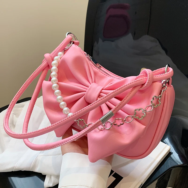 Summer Fashion Small Bag Women\'s Sweet Bowknot Pearl Chain Shoulder Bag 2023 Versatile Luxury Texture Underarm Bag For Shopping