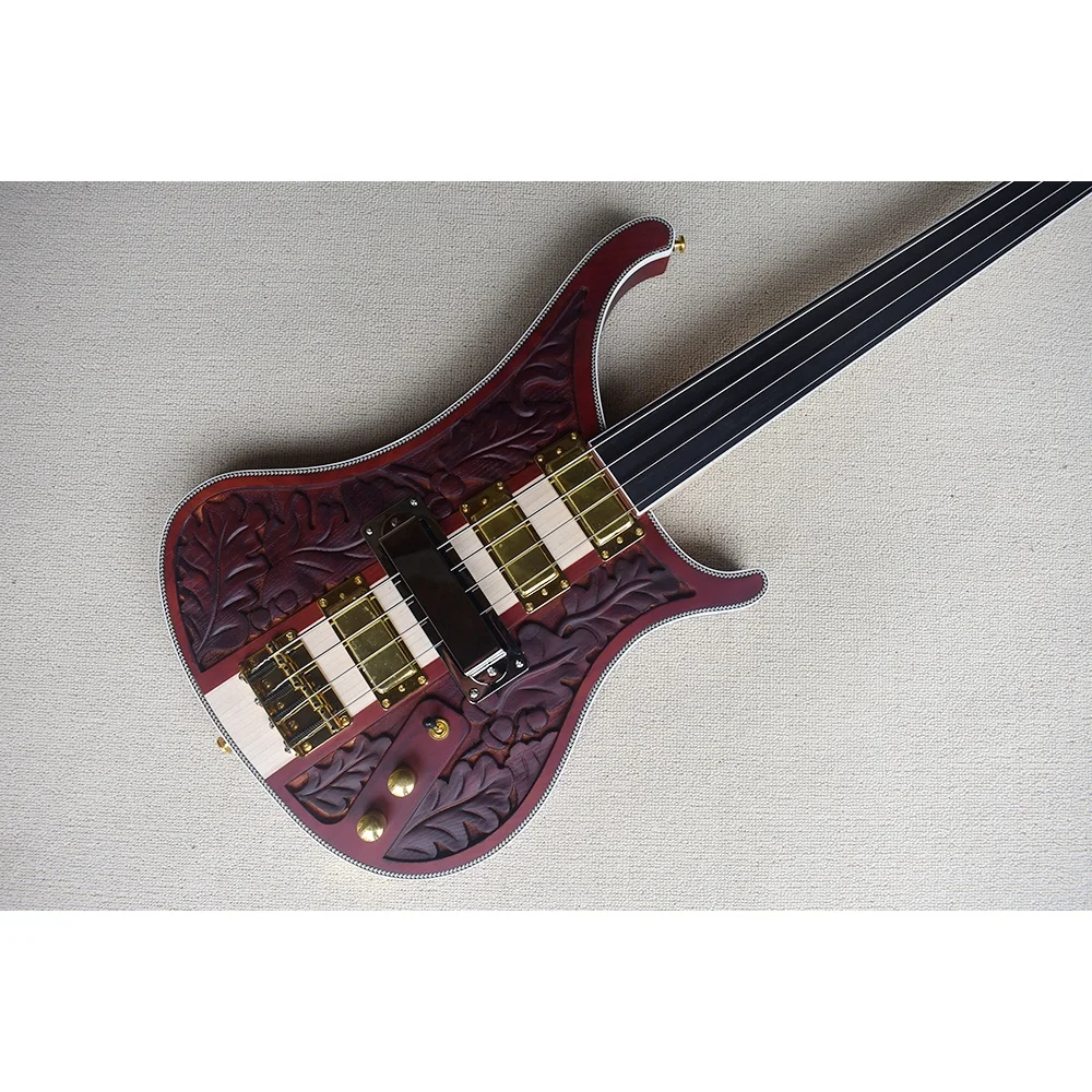 Carved Neck Through 4 Strings Electric Bass Guitar Custom Made Fretless Guitar