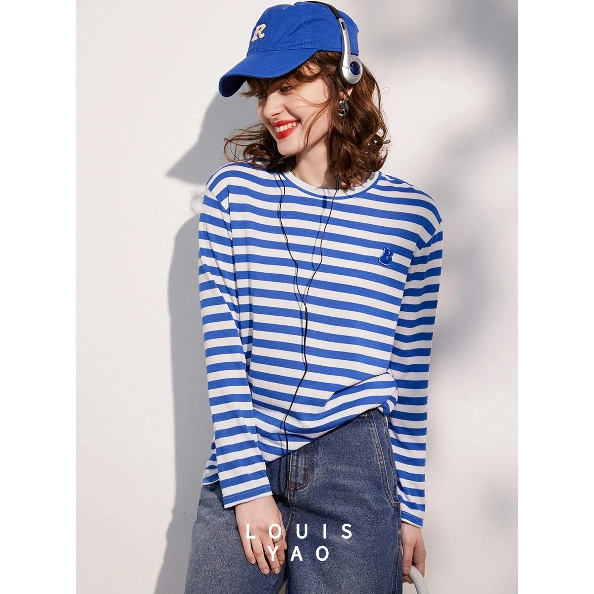 

LOUISYAO Fashion Two-Tone Striped T-Shirt 2025 Spring/Summer Tees Tops Crew Neck Letter Long Sleeve Women's T-Shirt