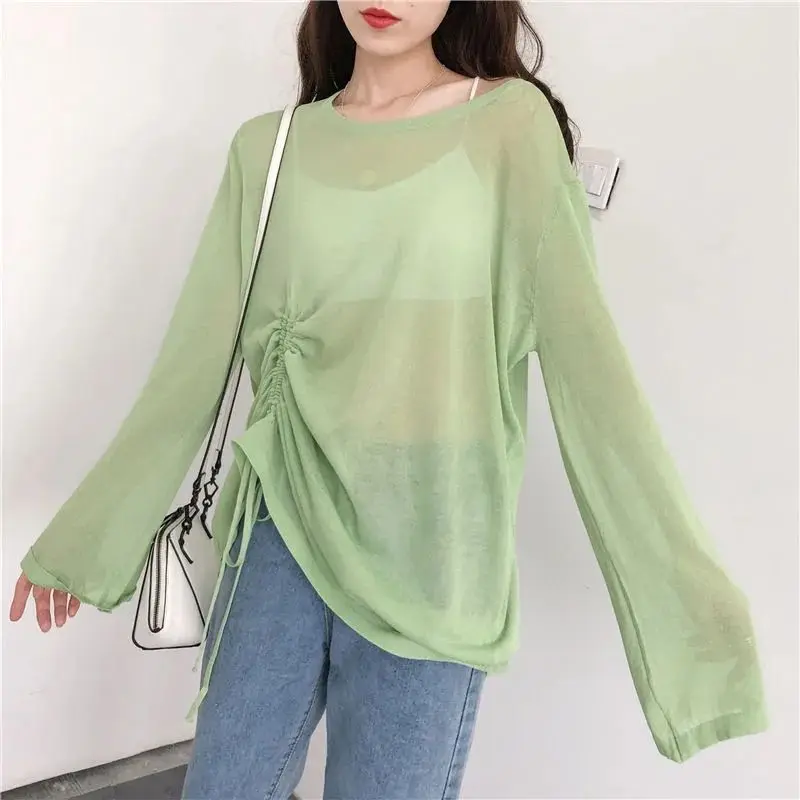 

Women Ice Silk Sunscreen T Shirts Summer Fashion Drawstring Loose Tops Woman Slightly Transparent Long Sleeve Tees Female