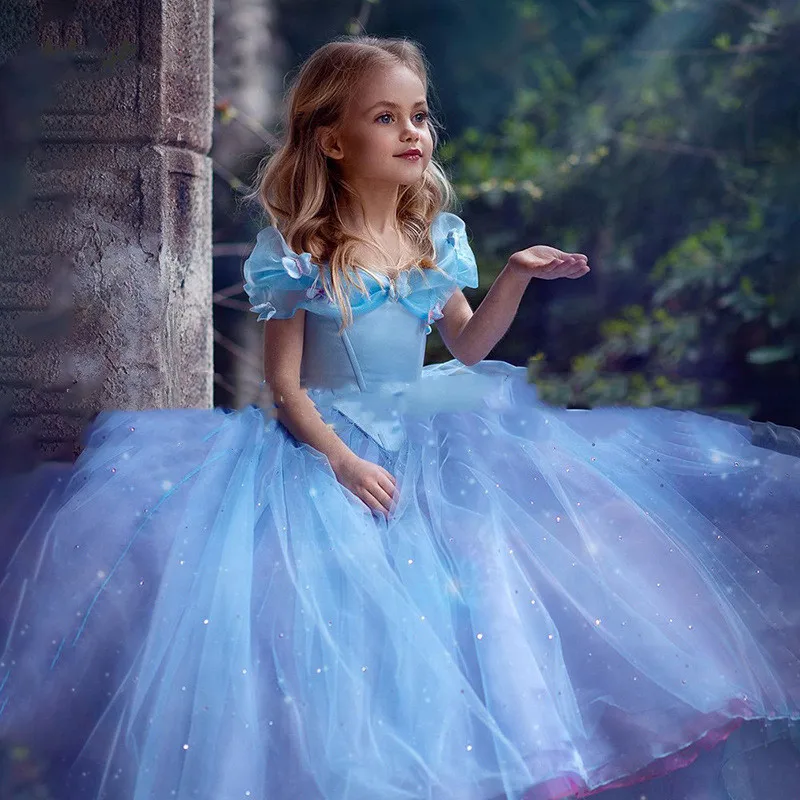 2024 New Princess Mermaid Dress For Little Girls Kids Sequined Tulle Elegant Blue Long Ball Gown Children Court Style Partywear