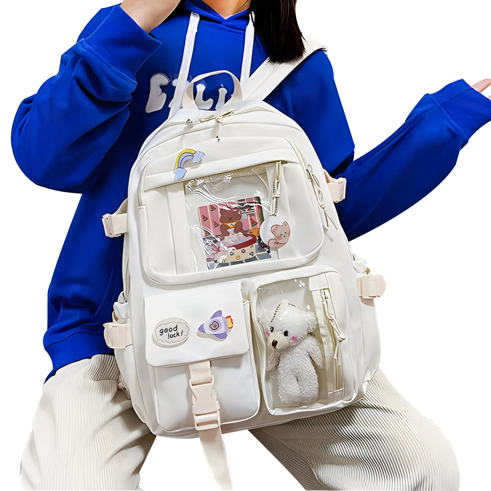 حقيبة ظهر Kawaii متعددة الجيوب حقائب ظهر Kawaii للفتيات المراهقات أسود/وردي/كريمي-أبيض/أخضر حقائب مدرسية للبنات مع دبوس لطيف