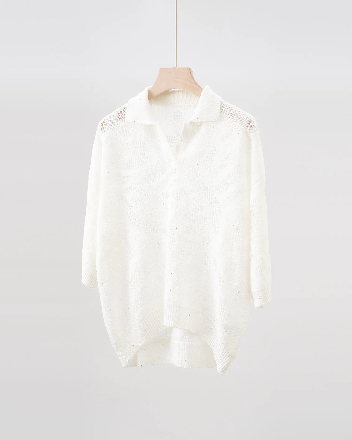 

Новый весенне-летний льняной топ с пайетками и ажурным воротником, трикотажный, с длинными рукавами, свободного кроя, универсальный, для женщин