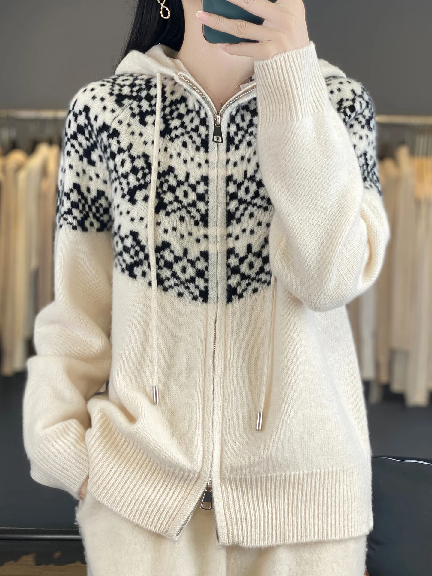 TLOML Women's 100% Merino Wool Hoodie Fair Isle Double Zipper Cardigan Autumn Winter Cashmere Knitwear Casual Soft Thicken Tops - view 5
