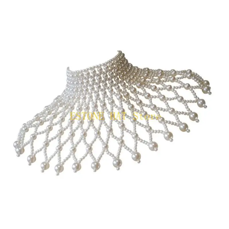 49MF Hand Beading Pearls Body Chain Necklace Elegant Tassels Collar Jewelry