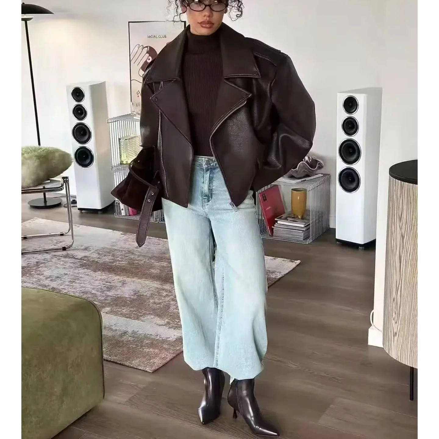 كول ort بو الجلود Jaet المرأة الخريف الشتاء جديد Sle طويل Sve سستة تصميم مربوط الوجه طوق معطف ملابس خارجية غير رسمية #2