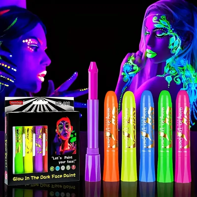 6Pcs UV Neon Face Painting Kit,Glow in the Dark Under UV Lights,Black Light Glow Makeup Kit,Washable Water Soluble Face Painting