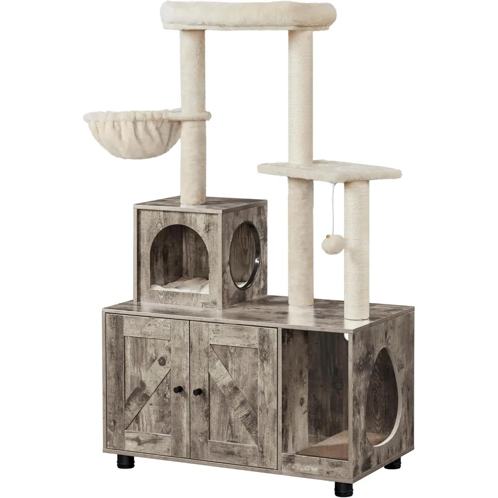 

Litter Box Enclosure with Cat Tree, All-in-one Indoor Kitten House w/Scratching Posts, Wooden Cat Litter Box Furniture