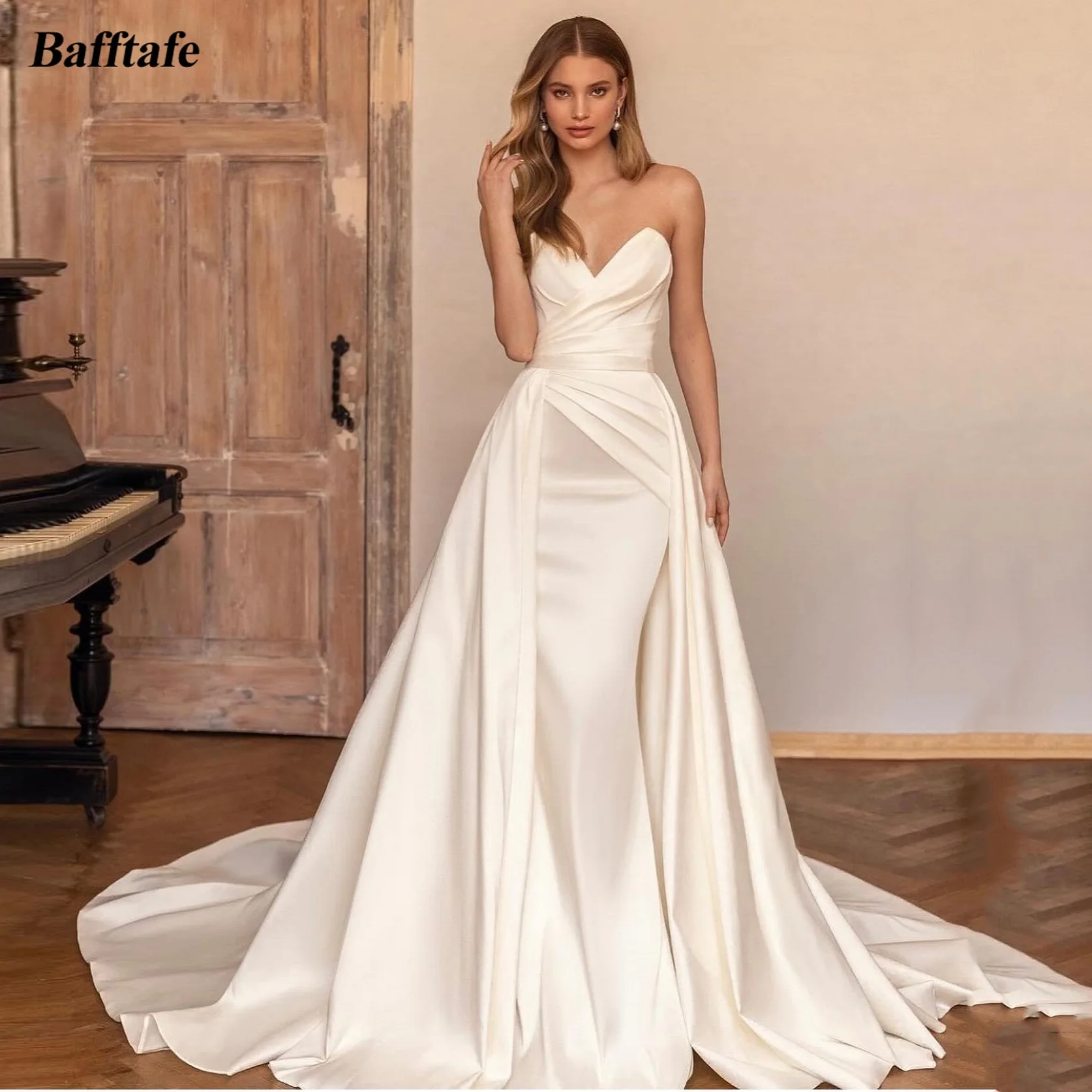 Bafftafe Mermaid Satin Long Wedding Dresses Detachable Train Pleated Formal Bridal Dress Bodycon Women Outfits Wedding Gowns