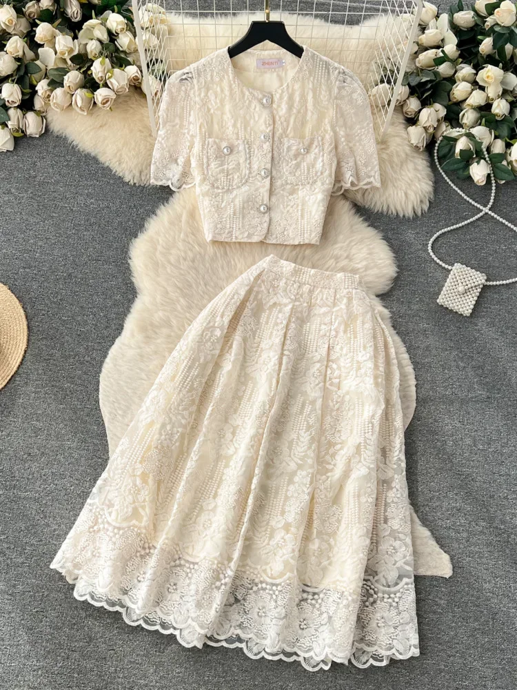 Summer Korean Small Fragrance Style Lace Set Two Piece Suit Lace Hook Flower Short Sleeve Shirt Tops Midi Skirt Women\'s Outfits