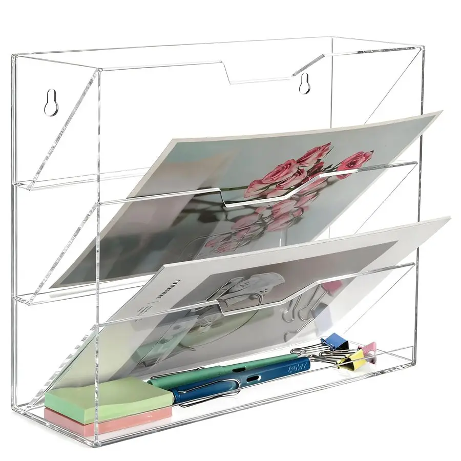 

Wall File Organizer with 4 Pocket Tier Acrylic Vertical Mail File Folder Holder Wall Mount Mail Magazine Rack with Bottom Tray f