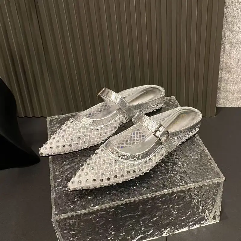 

2025 New Silver Hollowed Out Women's Sandals with Black Insoles, High Heels, Buckle Straps, Backless Gladiator Roman Shoes