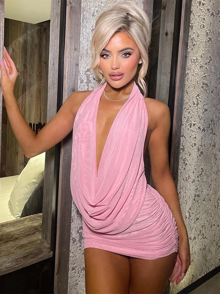 Set 2 Potong Tambal Sulam Jaring Kucing Aneh Kamisol Punggung Terbuka Berenda Halter Wanita + Rok Mini Ruched Pakaian Pesta Klub Seksi Tengah Malam