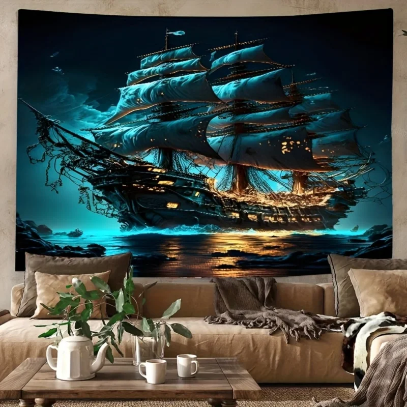 Pirate Ship Ocean Scenery Tapestry Living Room Bedroom Dormitory Decoration Polyester Fiber Wall Hanging