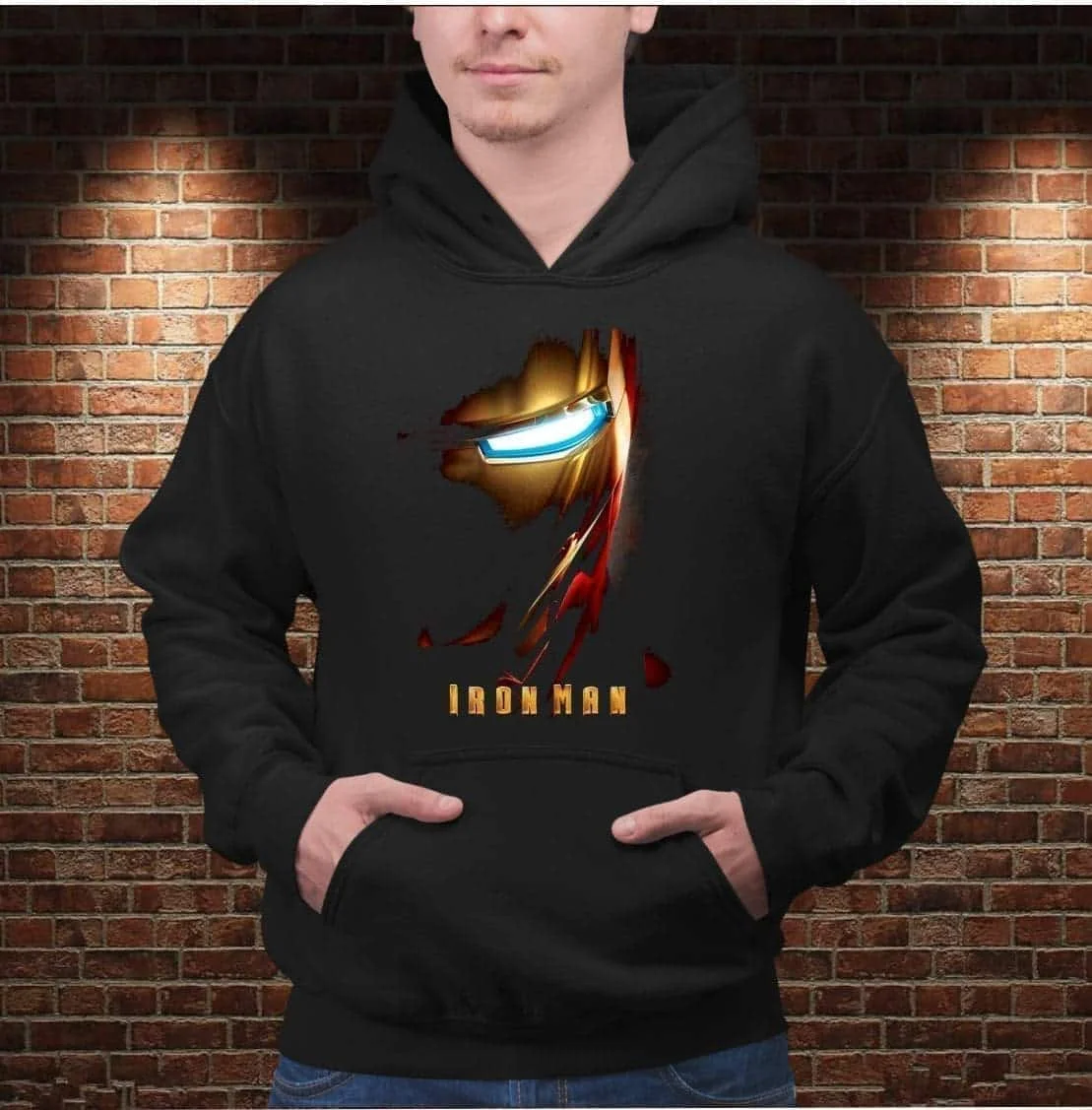 ​ بلوفر رجالي من Marvel Iron Man Light Mask بغطاء للرأس من القطن الأسود، مفاعل قوس متوهج، ملابس غير رسمية مريحة تناسب البطل الخارق