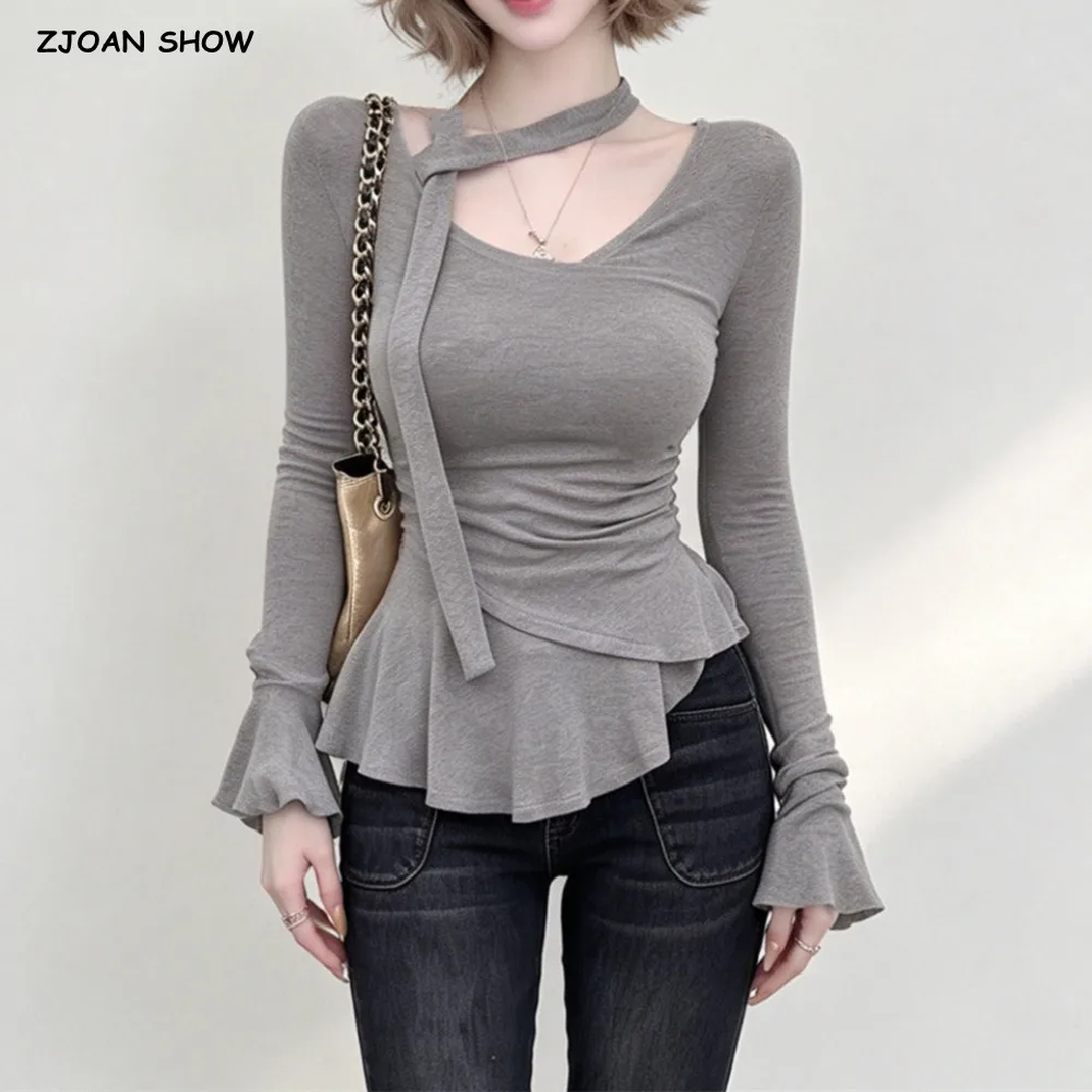 4 Colors Autumn Women V Neck With Ribbon Shawl Flare Sleeve T-shirt Ruffles Asymmetric Hem Slim Fit Tee Crop Top