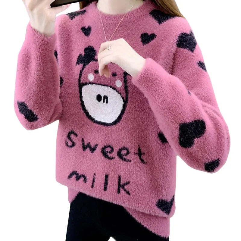 

Love-heart Cartoon Cow Printing Harajuku Hippocampal Hair Knitwear Keep Warm Female Pullover Sweet Casual Winter Women Sweater