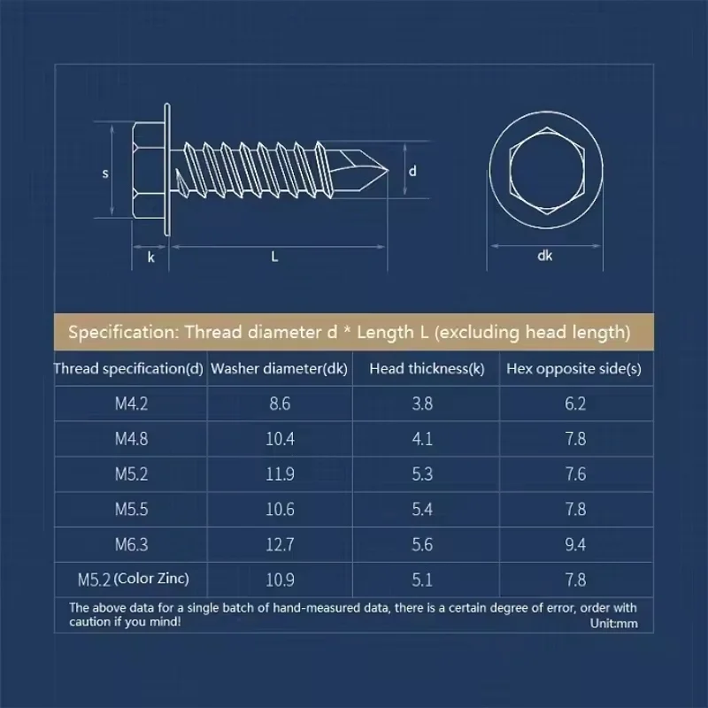304/410 Stainless Steel M4.2 M4.8 M5.2 M5.5 M6.3 Hex Head Self Drilling Screws With Washer Metal Self Tapping Screws
