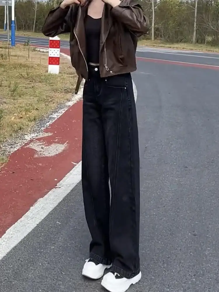 Thiened Fce Jeans mit geradem Bein, hohe Taille, lange Hosen, lockere Jeans mit weitem Bein, Schlankheitseffekt, Herbst, neue Damen-Jeans in Übergröße