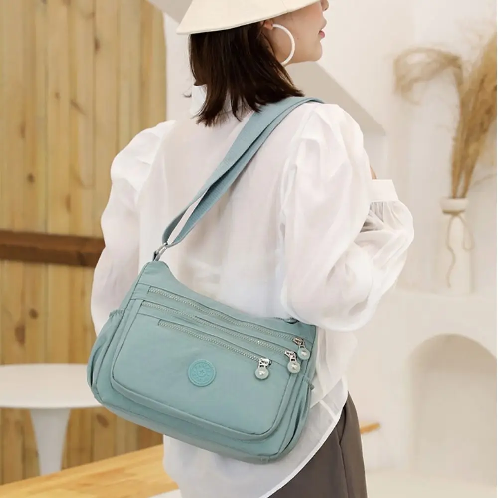 

Wide Strap Nylon Square Bag Multi-zipper Pocket Large Capacity Mom Shoulder Bag Solid Color Japanese Style