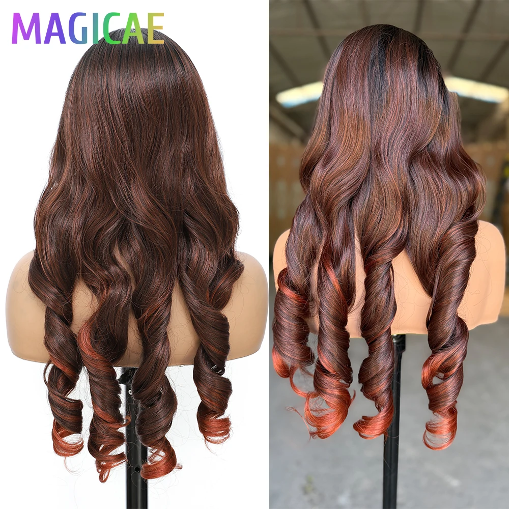 

Magicae 30 дюймов 13X4 свободные объемные волнистые кружевные фронтальные парики Cooper 350 # Омбре коричневый блондин 613 # Био синтетический термостойкий фронтальный
