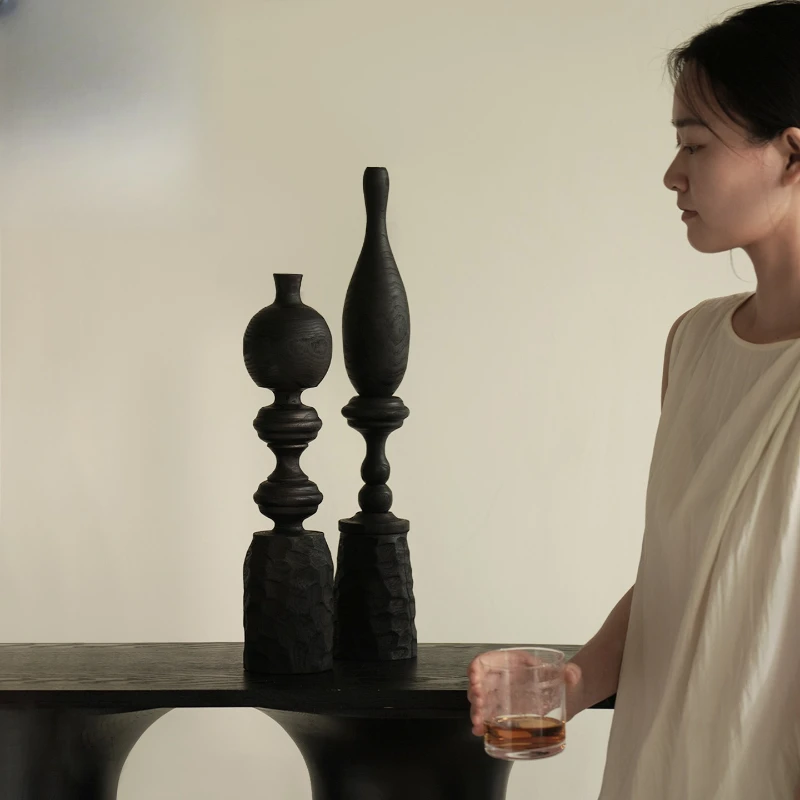 

Retro light luxury black solid wood art geometric ornament medieval wabi sandy wind carbonized wood creative desktop decoration