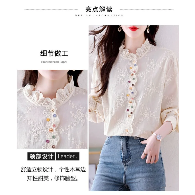 Dames nieuwe stijl kanten kraag geborduurde kleurrijke knop Koreaanse losse damesshirt met lange mouwen