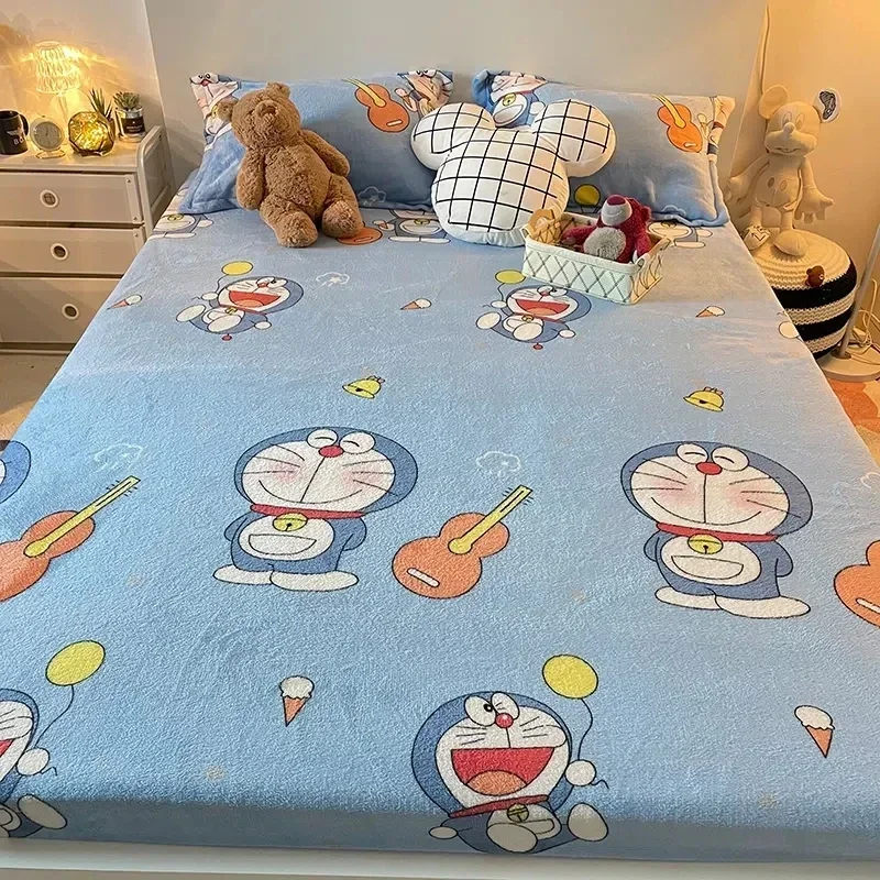 Doraemon cartoon Bed Hat sheet Thickened Flannel Cute Doraemon Bed Sheet All-inclusive Non-slip Dormitory Bedspread