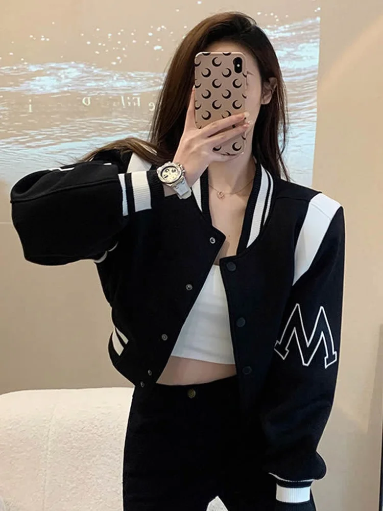 

Casual Sle ort Baseball Jaet Women's Faion Autumn Wear Color Blo Stand Collar Coat Buttons Closure Long Sve