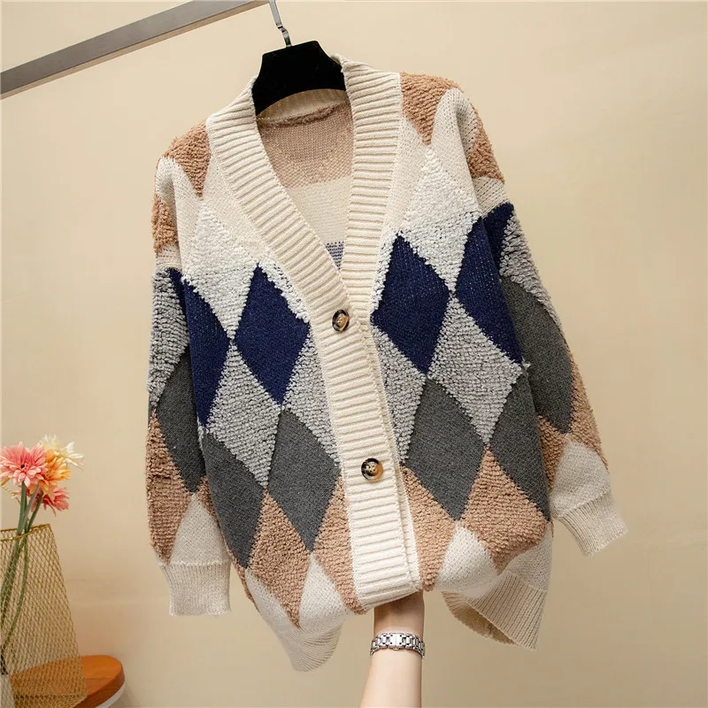 New Lazy Style V-neck Cardigan Loose Knit Checkered Sweater Women's Coat