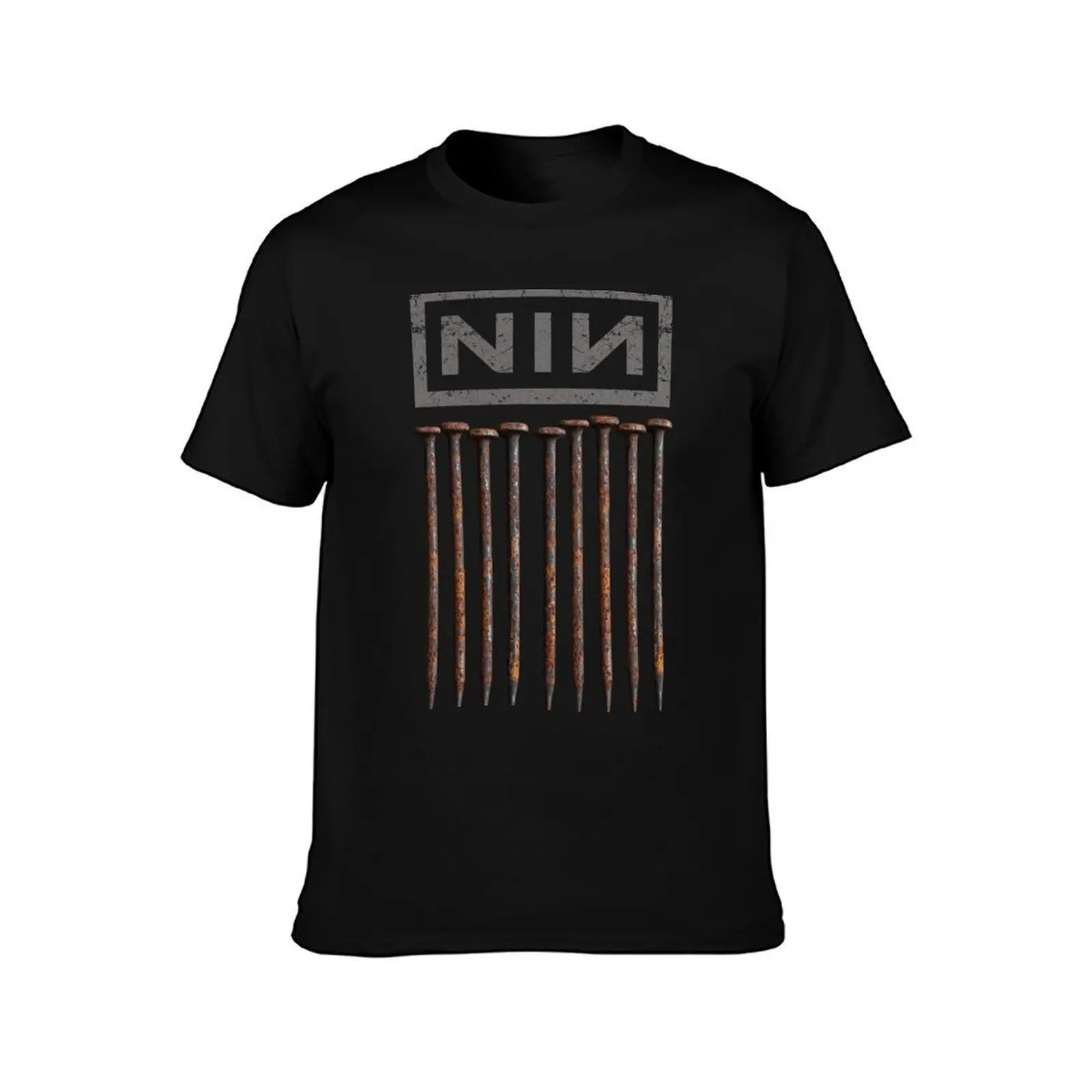 DUK FAT - NIN - Nine Nails (Distressed in Static Silver) T-Shirt Basic Solid Color Short Sleeve Cotton Top