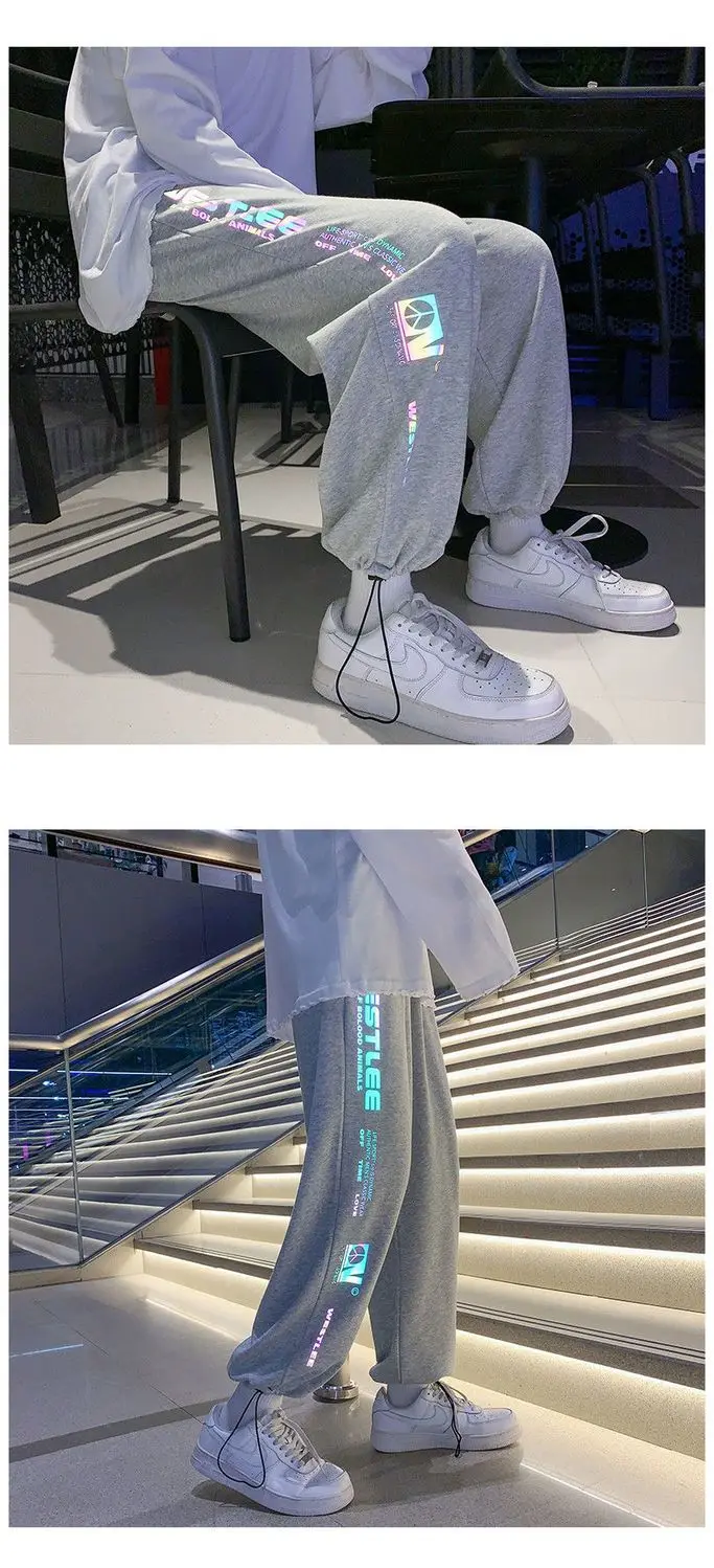 Homens reflexivos letras sweatpants estilo coreano solto ajuste corredores calças de perna reta casual streetwear calças moda ao ar livre