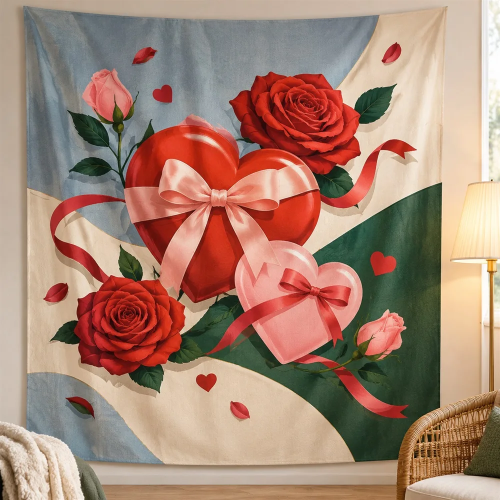 VIKAMA Valentine Heart Rose Tapestry Wall Hanging, Romantic Aesthetic Room Decor Wall Art Tapestries for Bedroom Living Room