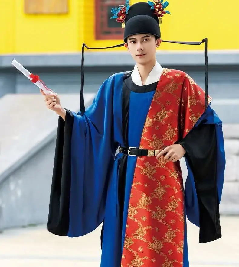

Vintage Scholar Hanfu Men Women Traditional Gold Woven Jinshi Clothing New Chinese Style Graduates Round Neck Long Robe Attire