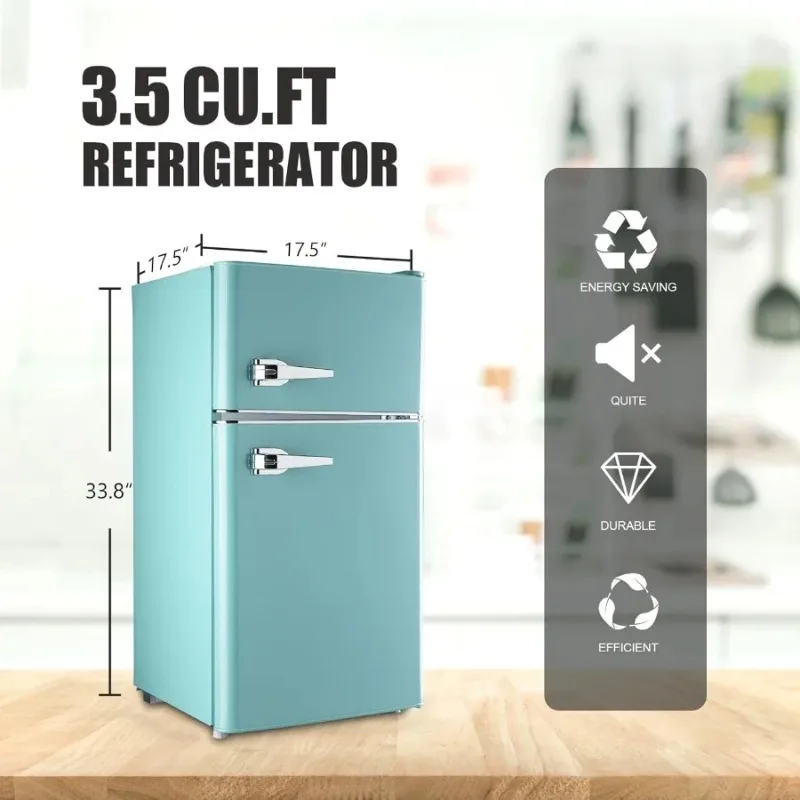 Compact 3.5Cu.Ft Classic Retro 2Door Mini Fridge with Adjustable Remove Glass Shelves Perfect for Dorm Garage and Office Use
