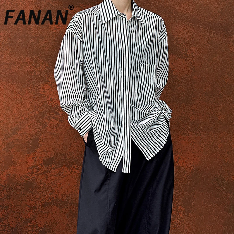 

FANAN Vintage Striped Contrast Color Shirts For Women Lapel Single Breasted Temperament Fit Blouses Fashion Tops 2025 Autumn New