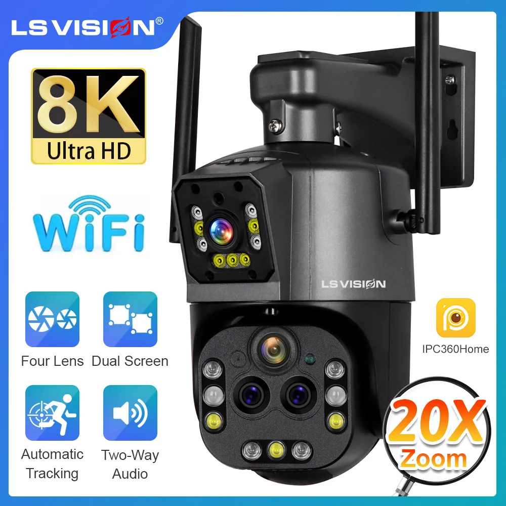 LS VISION 8K WiFi Camera Outdoor 20X Zoom Four Lens Dual Screen Security Cam PTZ CCTV Monitor Auto Tracking Surveillance Camera