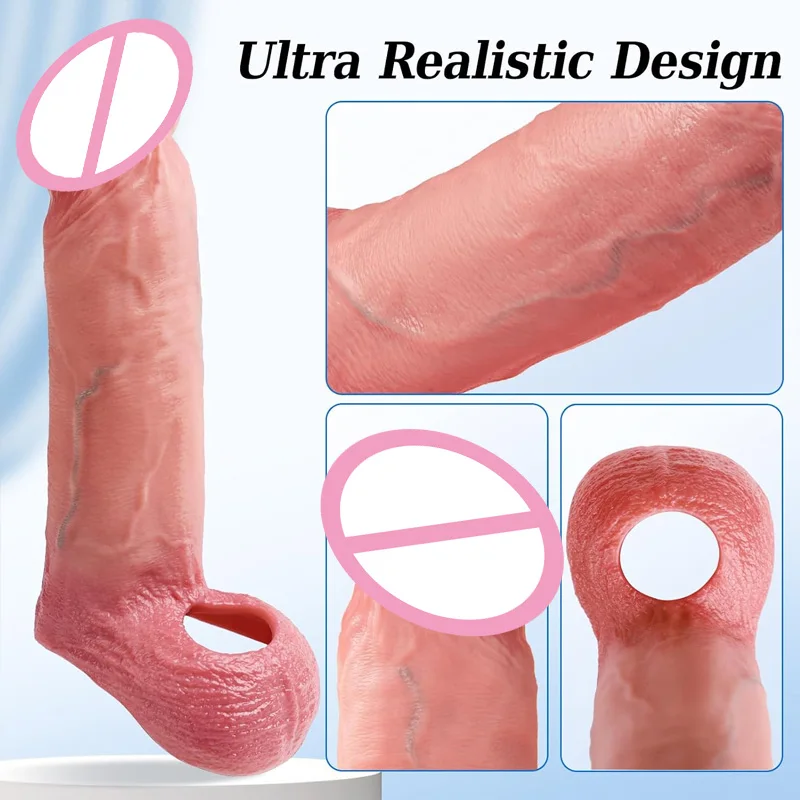 Realistic Soft Cock Ring Penis Sleeves Male Delay Reusable Ejaculation Dildo Enlarger Sex Toys Lock Penisring Adult Male Couple view 2