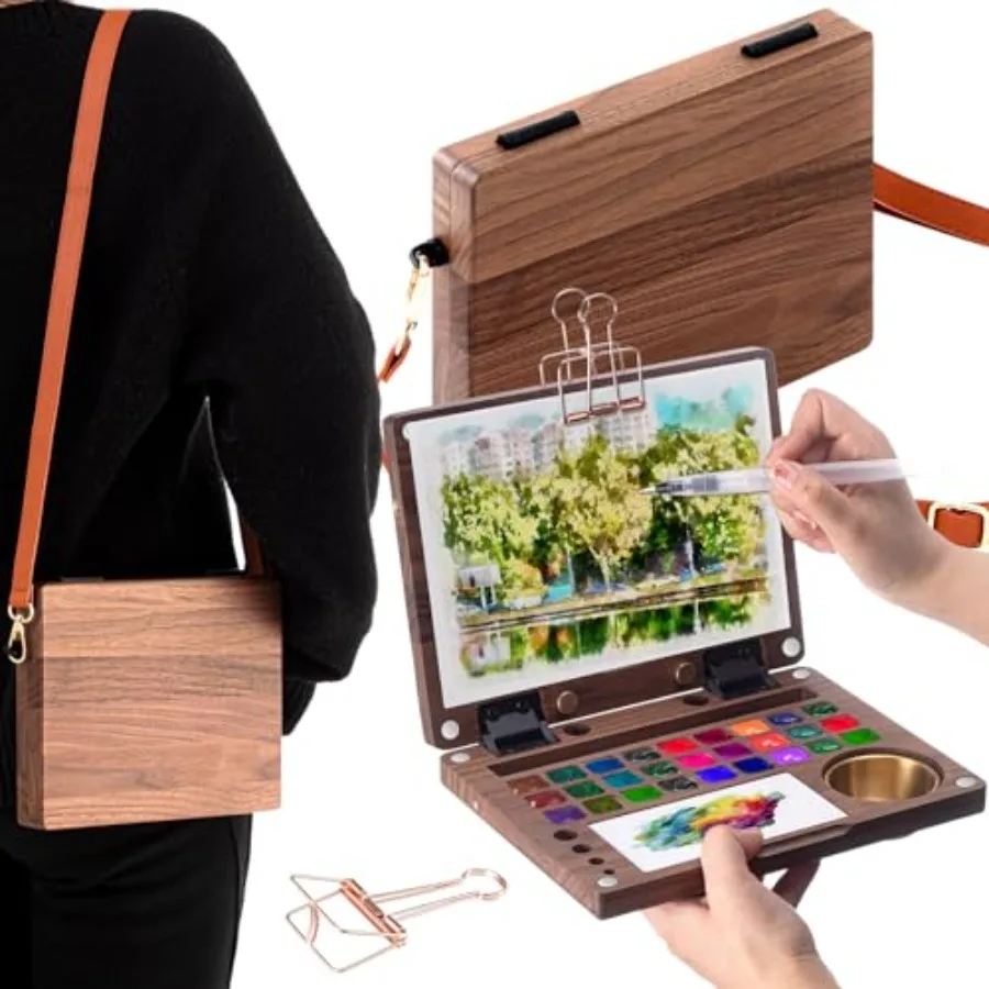 

27 Grid Crossbody Portable Watercolor Palette Set All in One Wooden Travel Mini Paint Box with Adjustable Shoulder Strap Waterc