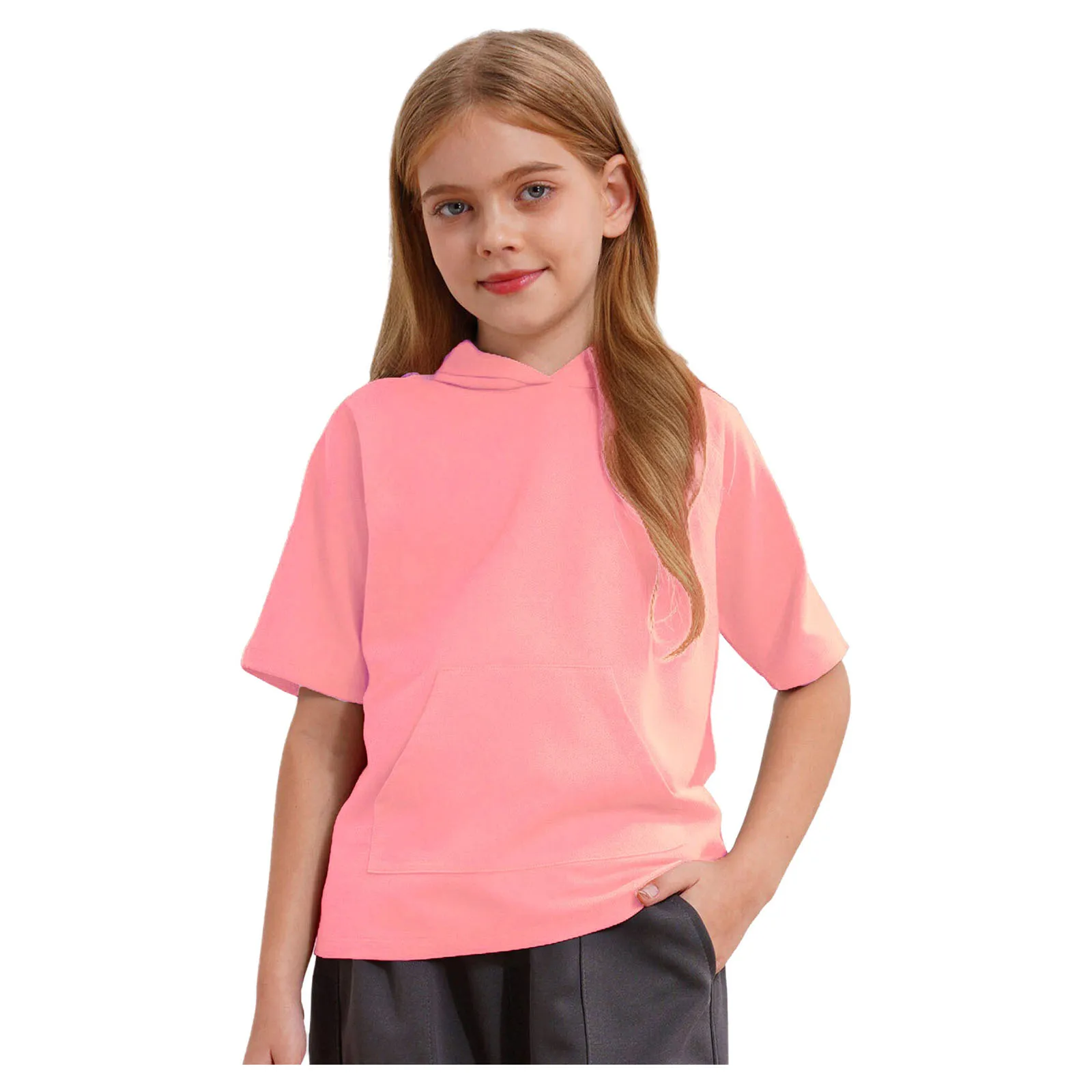

Kids Boys Girls Solid Color T Shirt Short Sleeve Hoodie Casual Hooded Pullover Tops with Pocket Children Daily Wear Hooded Tops