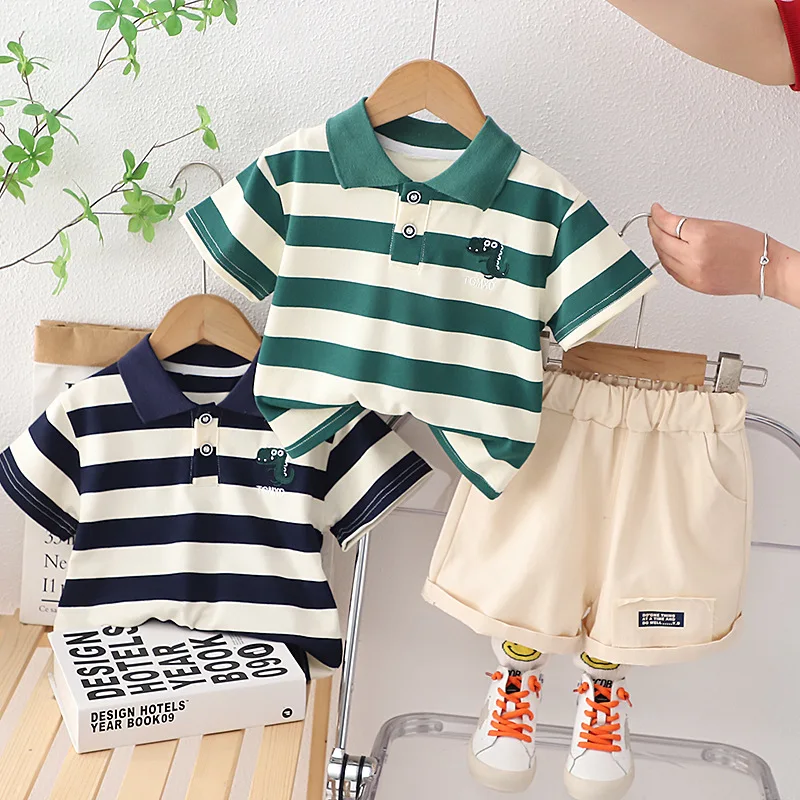 Camiseta listrada e shorts para bebês meninos, traje esportivo infantil, roupas de treino infantis, roupas casuais infantis, moda verão, novo, 2 peças por conjunto