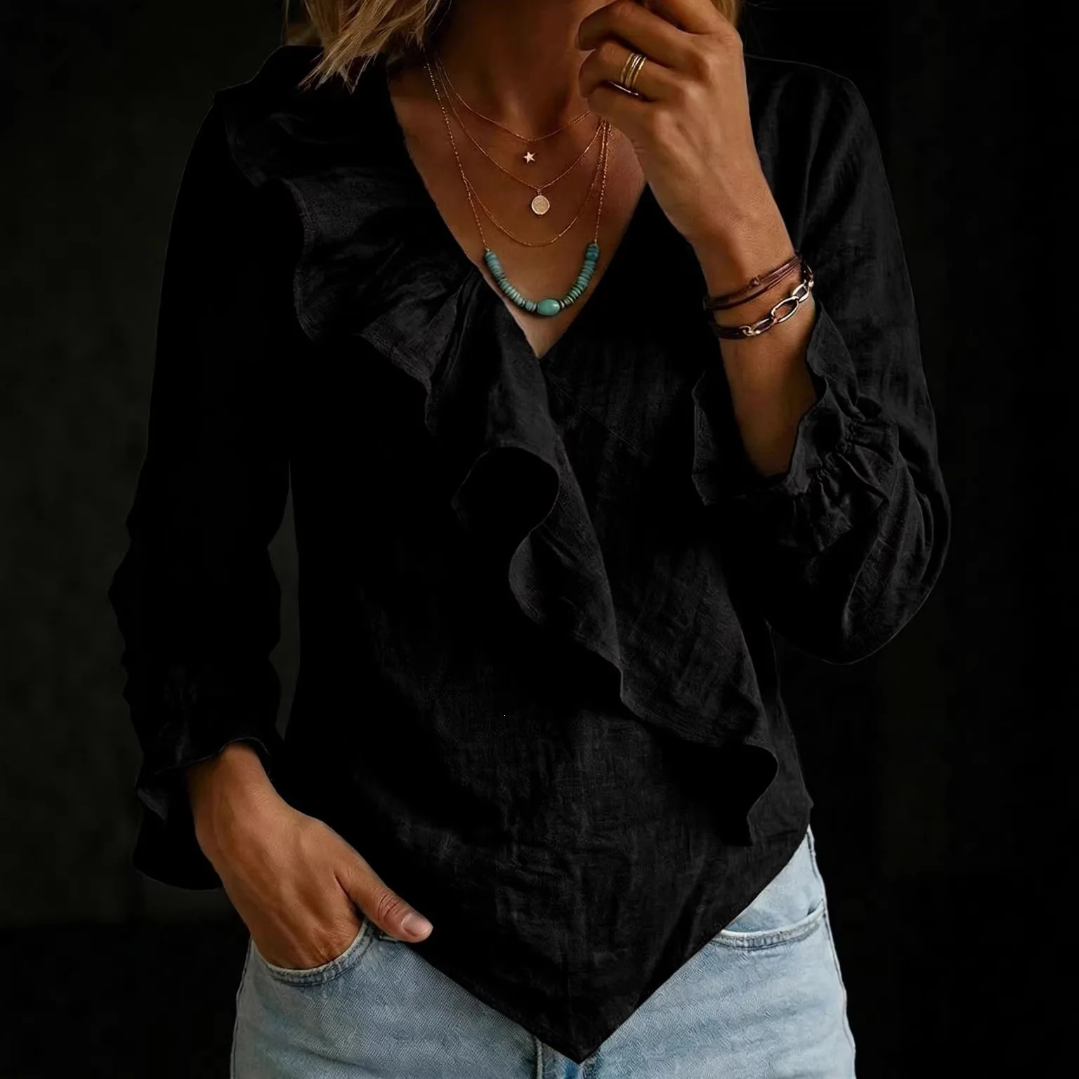 2026 New Women's Long Sleeve Solid Color V Neck Ruffle Trim Irregular Hem Blouse Elegant Commuter Versatile Daily Casual Shirt view 4
