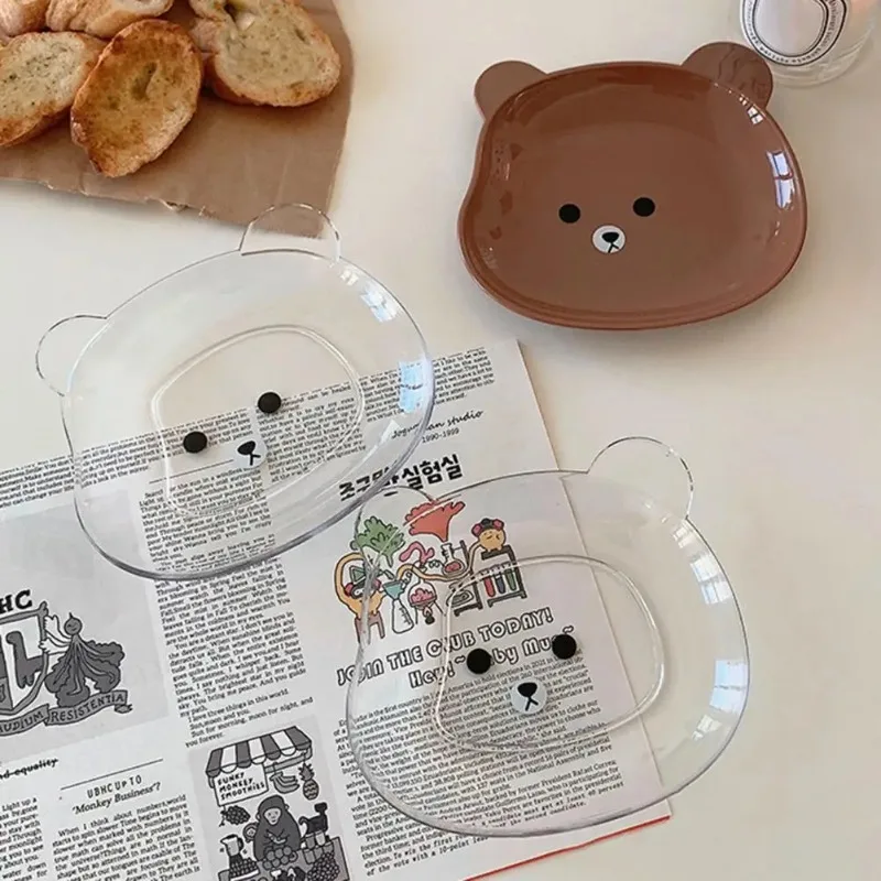 Piatto per snack a forma di orso cartone animato Piatti per torta di frutta in plastica Kawaii Piatto per salsa di sushi Piatto per tazza Stoviglie
