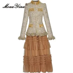 MoaaYina Autumn Winter Women's Suit Elegant beaded tassel Single-breasted Tops+Flounced Edge skirt fashion Luxury 2 piece set