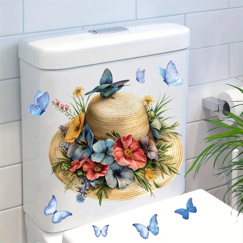 Butterfly Flower Hat Toilet Sticker Self-Adhesive DIY Sticker Paintings Removable Wall Decor For Bathroom Living Room Bedroom