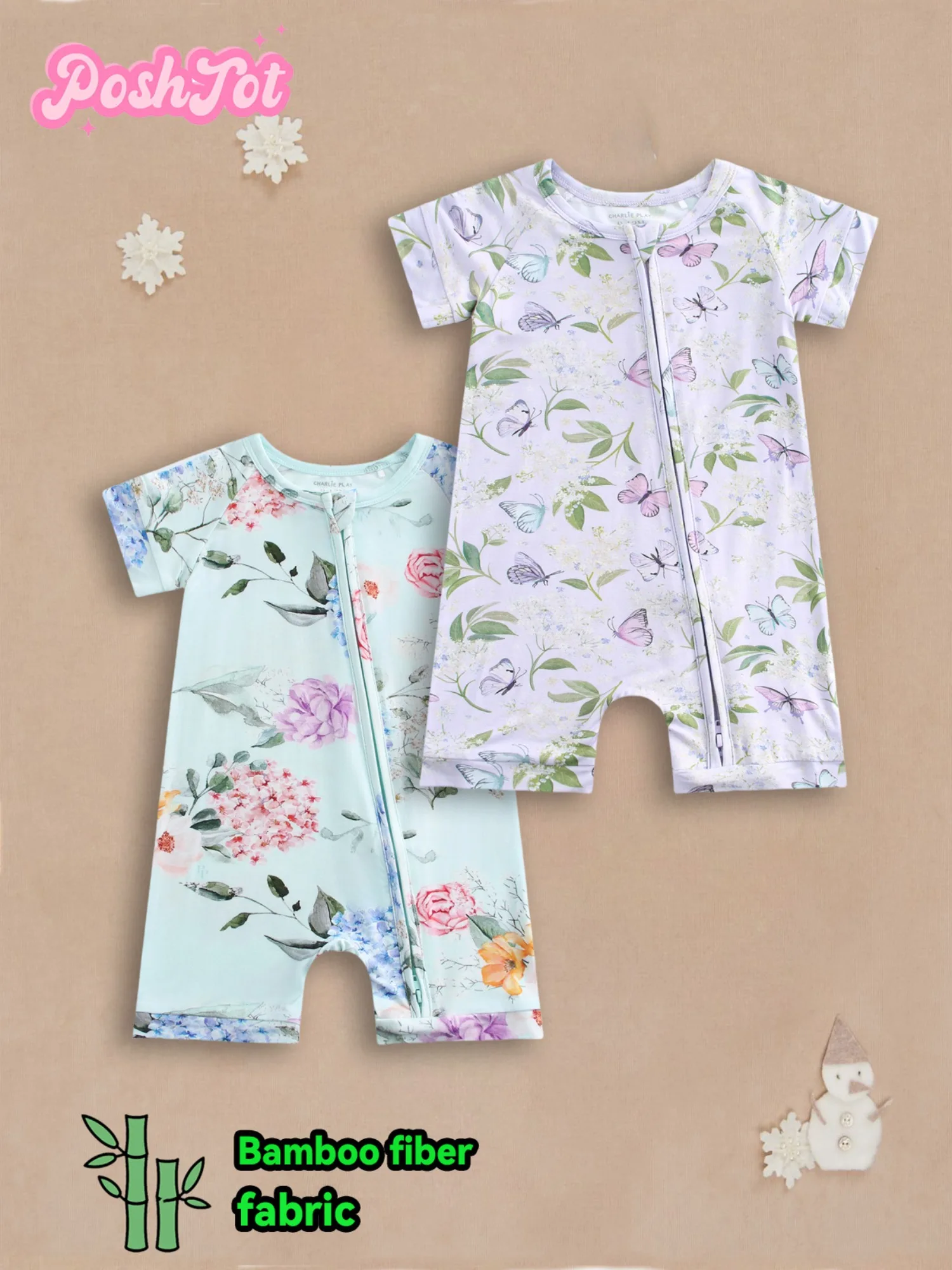 2pcs POSHTOT green flowers and purple butterfly bamboo fiber baby long sleeve.  Baby pajamas two-way zipper 0-2 years romper.