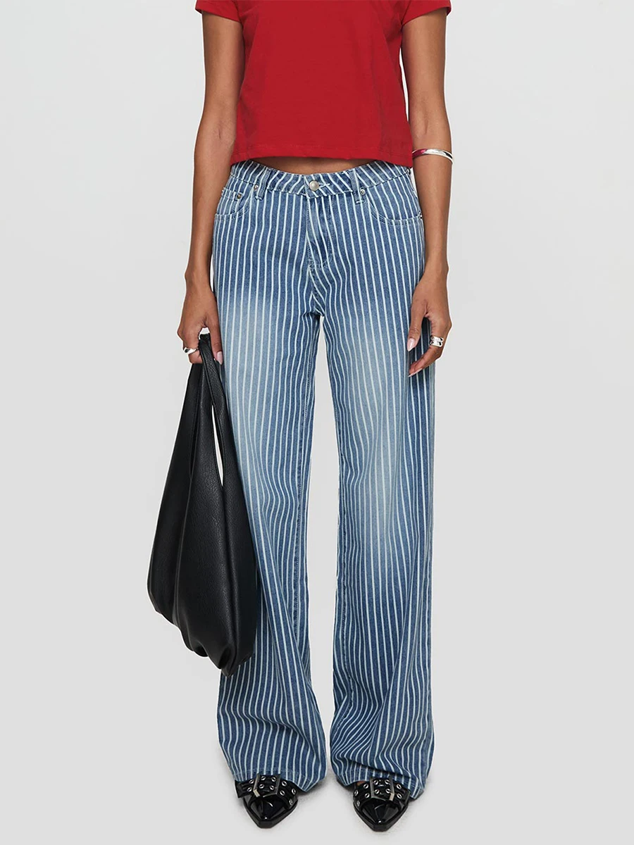 

New Fashion Women Wide Leg Flare Jeans Classic Stripes Print Low Rise Denim Pants Bell Bottoms Club Street Style S-XL