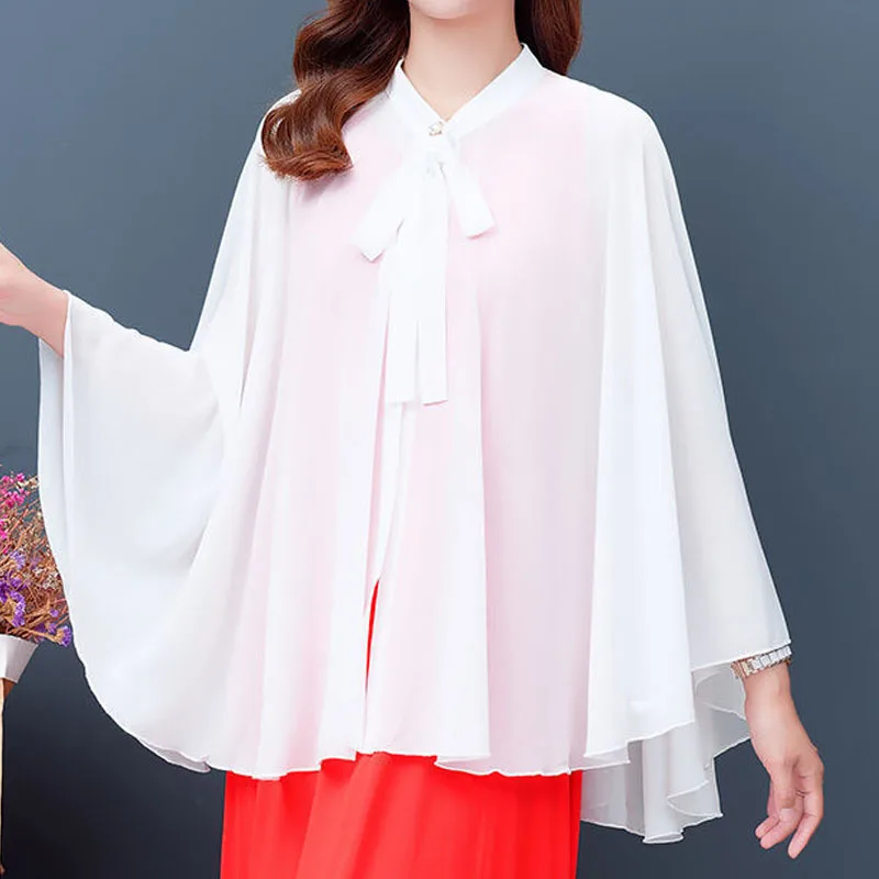 

Fashion Elegant Female Solid Color Chiffon Capes 2023 Summer New Loose Korean Casual Lace Up Thin Cardigan Women's Clothing