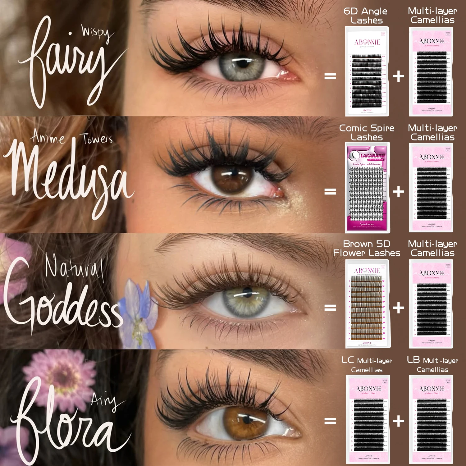 Cílios Postiços ABONNIE Multicamadas LB LC, Extensões de Cílios Camélia de Camada Dupla, Cílios 5D Spike, Volume Fans, Cílios Marrons Volumosos