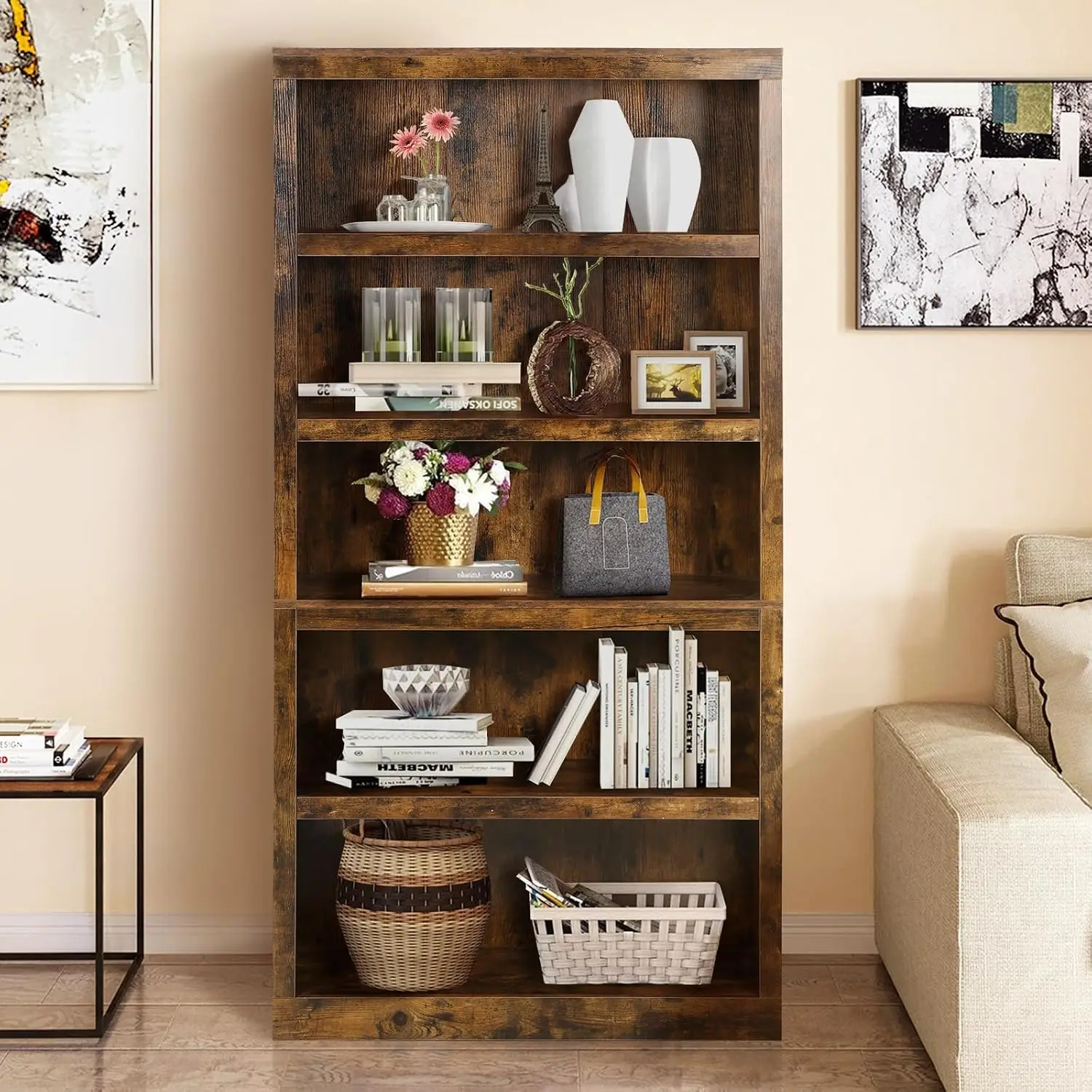 5-Tier Wood Bookcase Freestanding Open Display Storage Shelf for Home Office Living Room Bedroom, Brown, Customized